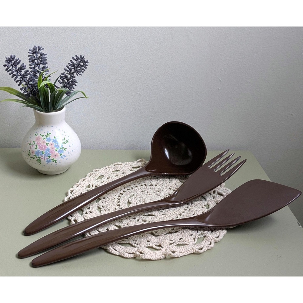 Vintage Hutzler Melamine Salad Serving Set Brown | Mid Century Modern Utensils